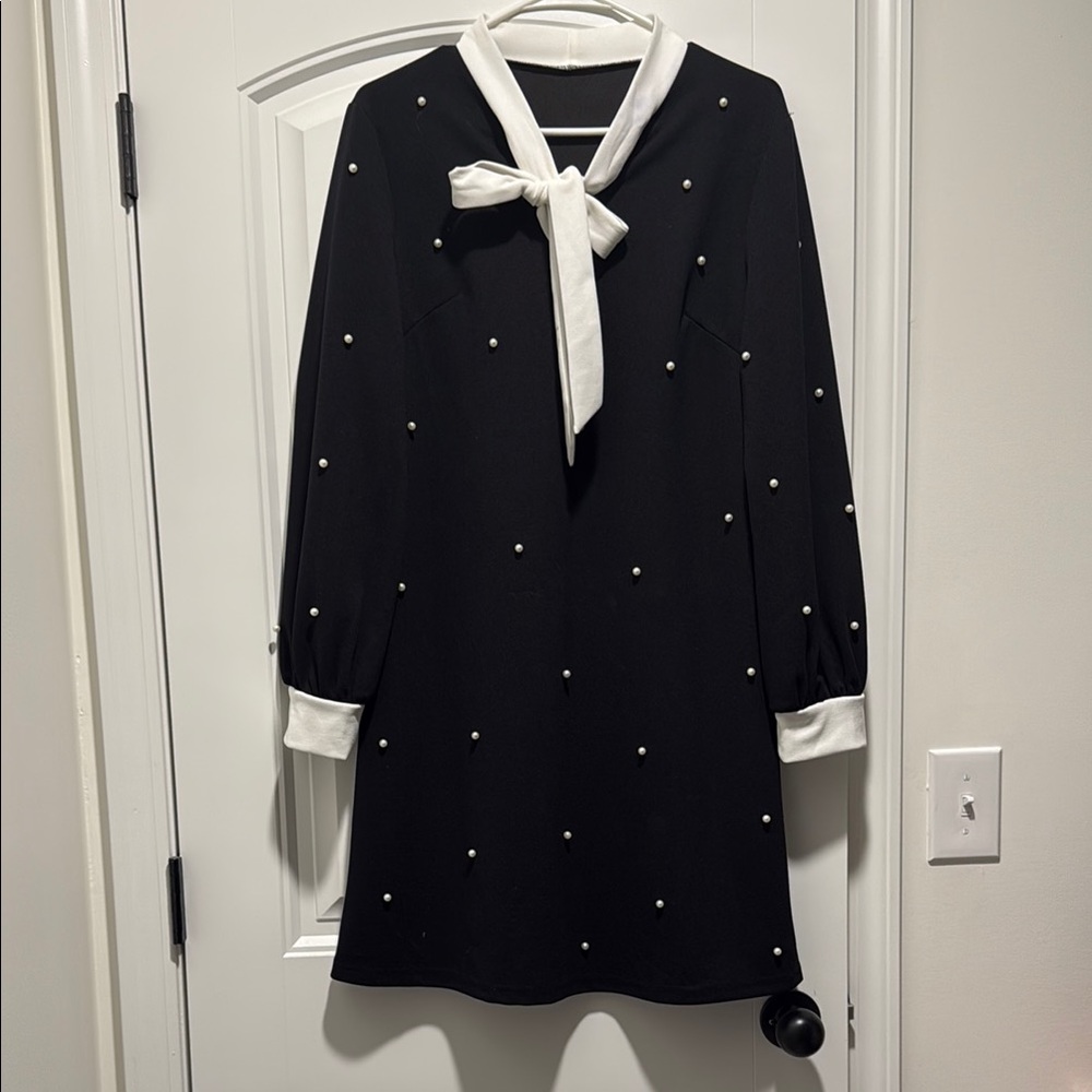 Black Dress with White Bow and Pearl Accents